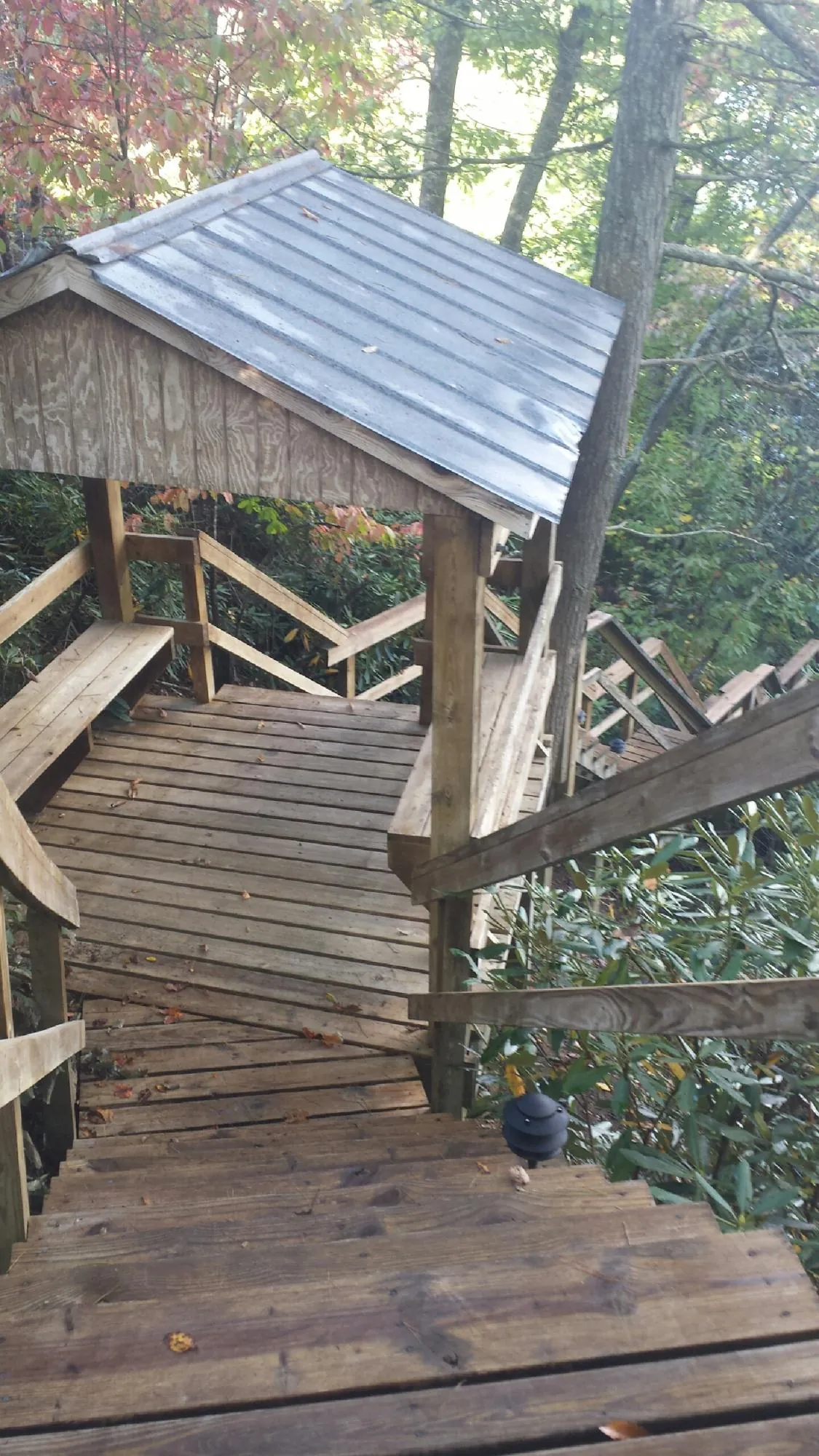 Metal roofed shelter over wooden steps on a wooded walkway — Skylight Repair & Installation work by our crew in Blountstown